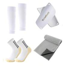 Set de 4 piezas de calentadores de piernas para deportes al aire libre: 1 par de calentadores de piernas antideslizantes, 1 par de calentadores de piernas, 1 par de espinilleras, 1 toalla refrigerante que absorbe el sudor, adecuado para fútbol, baloncesto, ciclismo, yoga, entrenamiento deportivo
