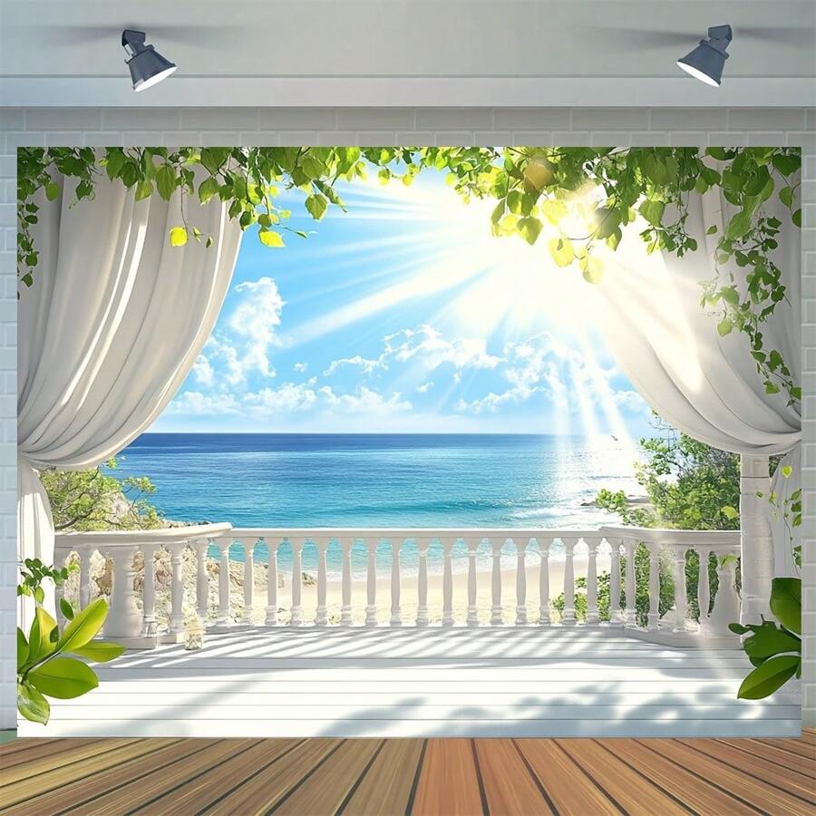 1pc Polyester Tropical Beach Scenery Window Backdrop, Suitable For Beach Party Theme Decoration, Indoor And Outdoor Use - Multicolour - View 1