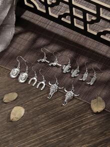 Set de 6 pares de aretes de estilo occidental retro con dijes metálicos de cabeza de vaca, herradura, sombrero de vaquero, cactus y pistola, para uso diario
