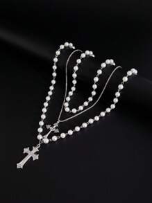 3pcs Vintage Punk Cross Pendant Necklace Set, Men's Casual Simple Adjustable Charm Jewelry - Silver - View 3