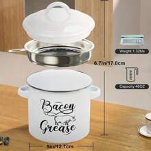 46 OZ Bacon Grease Container With Strainer And Spatula, Stainless Steel  Strainer, Enamel Oil Container, PotFat Storage With Lid - 白色 - 查看 6