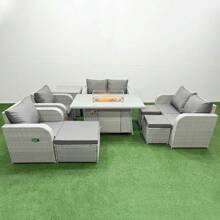 Fimous 9 Seater Outdoor Reclining Chair Love Sofa Set Rattan Garden Furniture Set With Firepit Dining Table 3 Stools Side Table Light Grey - Light Grey - View 1