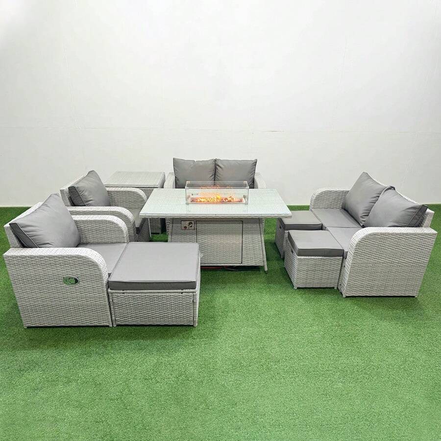 Fimous 9 Seater Outdoor Reclining Chair Love Sofa Set Rattan Garden Furniture Set With Firepit Dining Table 3 Stools Side Table Light Grey - Light Grey - View 1