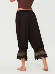 Women Lace Trim Long Bloomers Elastic Mid Rise Ruffle Pantaloons Cropped Flared Slips Pants Bottoms - Black - View 4