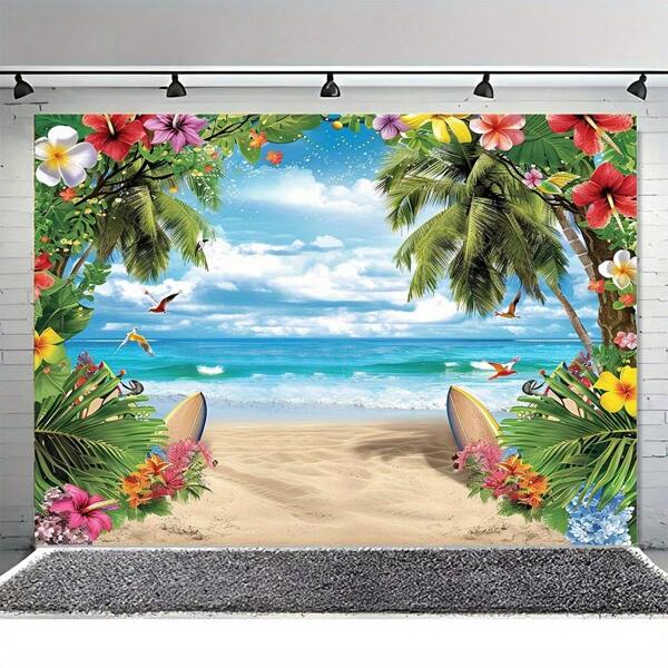 Fundo de festa tropical havaiana - Padrões de céu, oceano, flores e folhas de palmeira | Faixa de tecido de poliéster multiuso, adequada para decoração interna e externa e fotografia | 3 tamanhos disponíveis (39x59 polegadas, 70,8x90,5 polegadas, 94,5x118,1 polegadas)