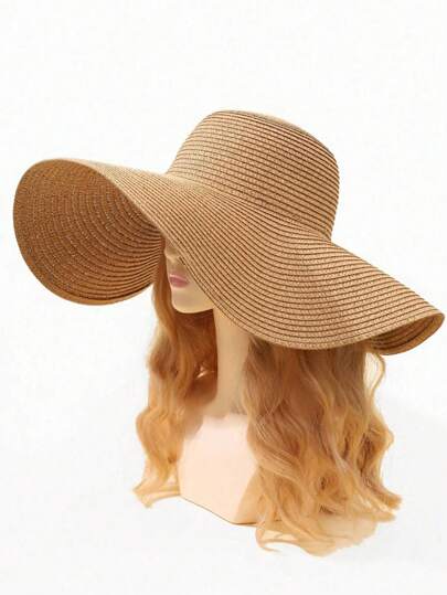 1pc chapéu de palha dobrável de aba larga feminino com coroa redonda, chapéu de praia com proteção solar para o verão ao ar livre