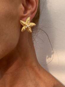 1 Pair Retro Elegant Fashion European & American Style Faux Pearl Decor Earrings, Metallic Gold Starfish Beach Style Stud Earrings, Suitable For Women's Daily Wear, Beach Vacation Jewelry, Gift For Girlfriends