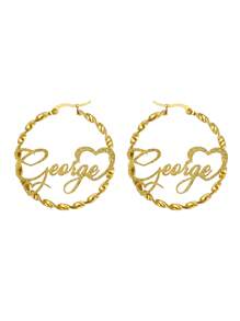 Customized Shiny Frosted Name Fried Dough Twists Ear Ring, Simple Style Personalized Charm Heart Shaped Crown Letter Lady Ring Ear Ring, Stainless Steel Exquisite Handmade Ear Ring Bride Wedding Jewelry Family Gift, Suitable For Mother's Day Gift, Birthday Anniversary Gift For Her