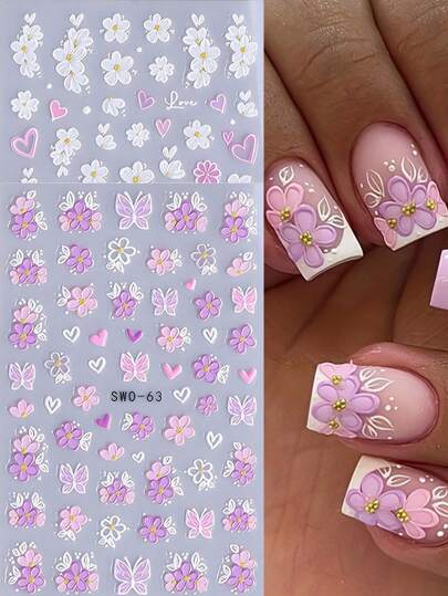 2 piezas Pegatinas de arte de uñas 5D con relieve floral, Calcomanías de uñas autoadhesivas con patrón de flor 3D, mariposa y corazón, Adecuado para decoración de uñas del Día de San Valentín, Suministros de arte de uñas de primavera