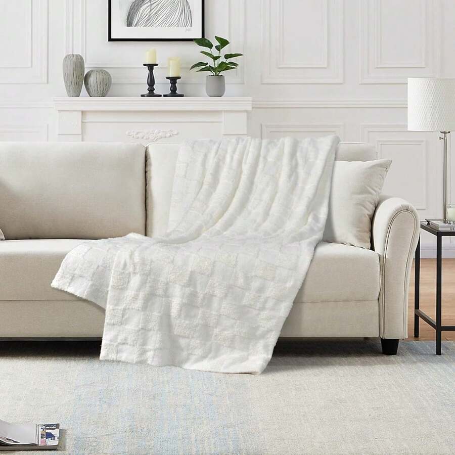 1PC 60" X 80" Sofa Tufted Blanket - Soft Bohemian Checkerboard Blanket For Sofa, Bed And Camping, Cozy, Warm, Decorative Blanket - White