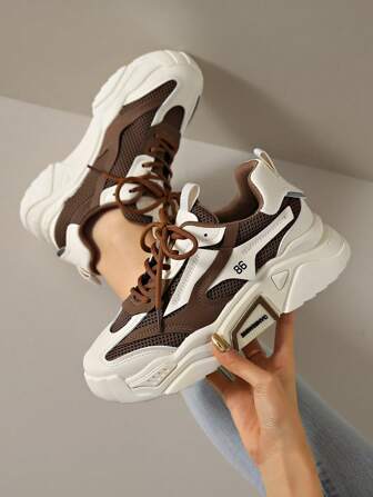 New Women Mesh Brown Casual Shoes, Thick Sole Fashionable Chunky Sneakers, Round Toe Lace-Up Outdoor Flat Athletic Sneakers, Breathable All Seasons