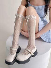 1 Pair Lace Trim Bow Leg Warmers, Breathable Sheer Thin Lace Socks For Daily Wear, Summer
