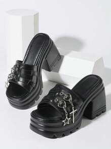 Gothic Chunky High Heel Sandals Woman Chain Open Toe Platform Cool Fashion Casual Dress Cosplay Women Summer Shoes - Black - View 2