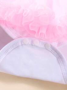 2pcs Baby Girl Party Outfit, Cute Cartoon Print Short Sleeve Bodysuit And Headband Set, Mesh Patchwork , Suitable For All Seasons - White - View 5