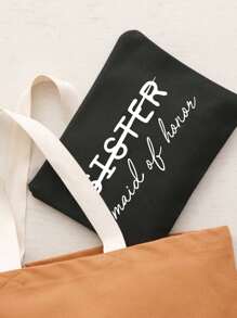 姐妹伴娘伴娘主题印花拉链化妆包，百搭黑白麻布化妆包，婚礼旅行洗漱用品收纳包，便携化妆包，多功能包，旅行化妆包，花朵字母图案拉链收纳包