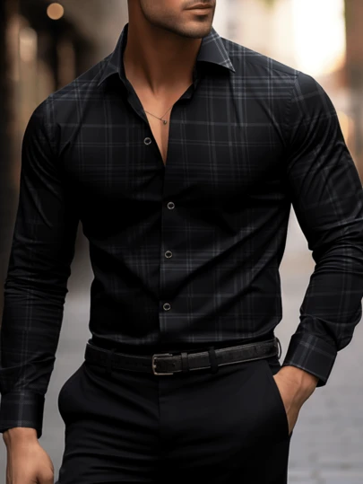Black Striped Embossed Detail Casual Shirt For Men, European Style