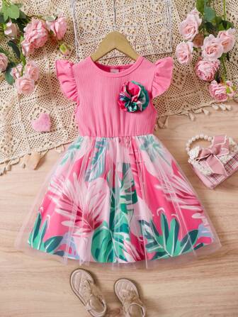 年轻女孩夏季柔软罗纹面料拼布时尚印花圆领荷叶边袖公主裙