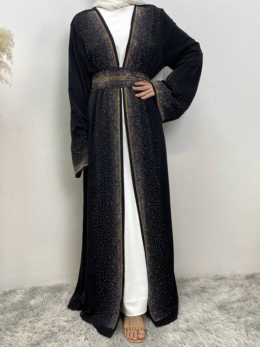 Luxury Diamond Abaya With Belt Dubai Kaftan Robe For Women,Modest - Black - View 1