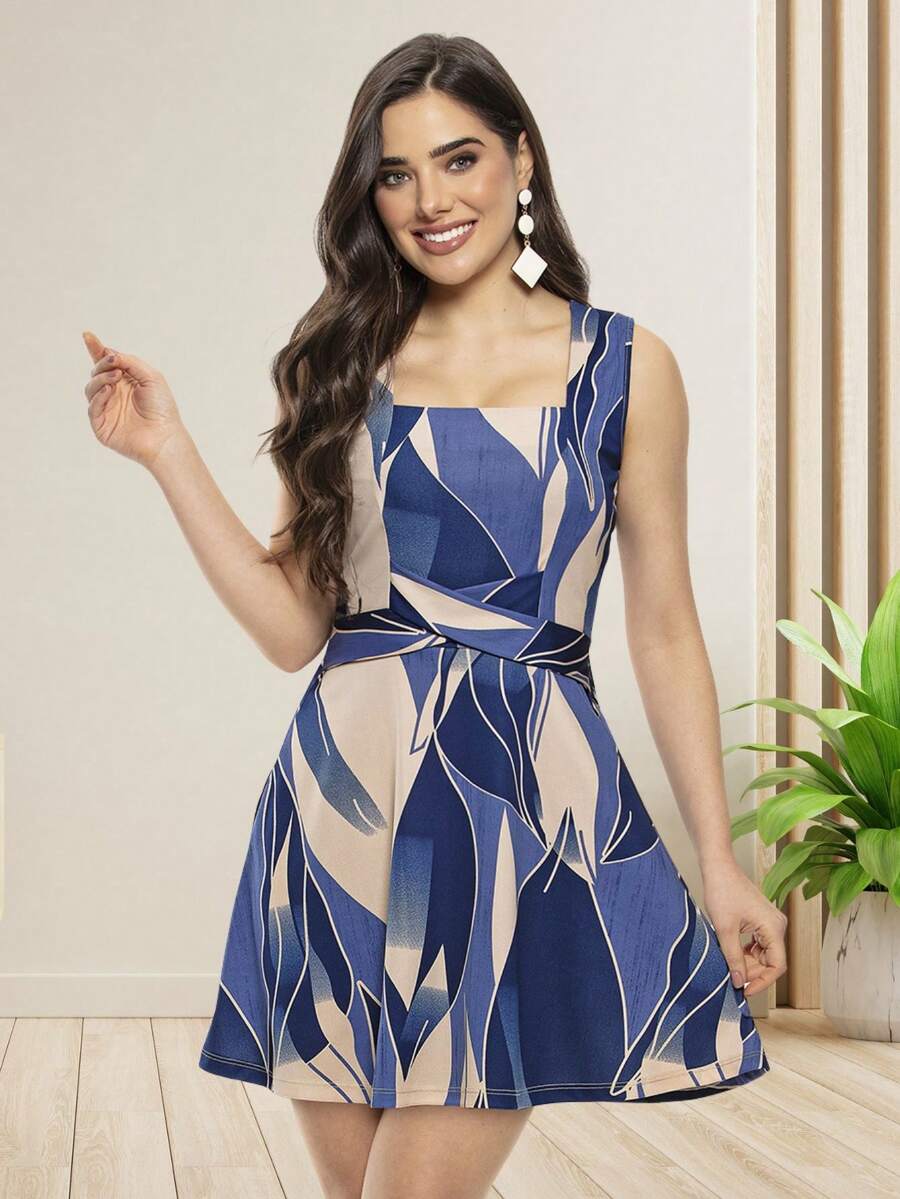 Blue Printed Dress With Pleated Skirt And Square Neckline - Blue - View 1