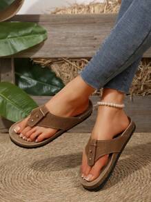 女士平底凉鞋，新款时尚舒适休闲一脚蹬人字凉鞋，加大码，轻便，沙滩，露趾