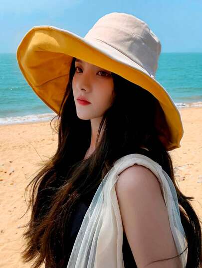 Korean Fashion New Double-Sided Extra Long Brim Bucket Hat For Women, 14cm Wide Brim Summer Sun Hat For Outdoor Activities, UV Protection