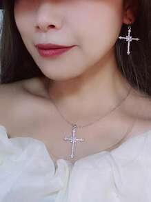 Bộ trang sức thánh giá đính đá lấp lánh 3 món, thích hợp cho tiệc tùng, sinh nhật, đám cưới dành cho phụ nữ - Bạc - Xem 5