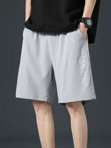 1st Heren Brief Print Trekkoord Taille Shorts, Losse Pasvorm Lichtgewicht Ademend Voor Buiten Hardlopen, Hiken, Reizen, Casual Kleding