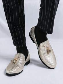 Men's Pointed Toe Formal Party Fringe Leather Loafers - Gold - View 2