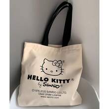 Sanrio 1 pieza/1 pieza/Bolso grande con capacidad de lona con diseño de gatito de dibujos animados, bolso de hombro versátil para ir a la escuela o la oficina