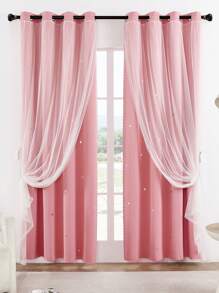 1pc Hollow Star Double Layer Voile Curtain, Top Ring, Cute Hollow Star Sheer Curtain, Suitable For Bedroom Blackout Curtain, Living Room Curtain, Themed Room Curtain And Holiday Party Decor