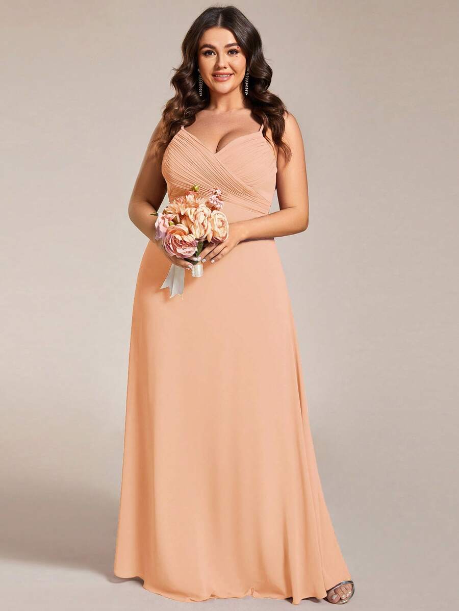 EVERPRETTY Elegant V-Neck Ruched Bust Bridesmaid Dress, Long Gown For Summer