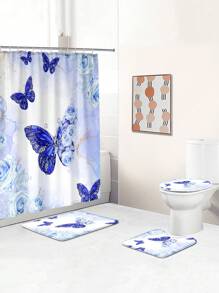 1pc/4pcs Set Blue Butterfly & Floral Multifunctional Bathroom Waterproof Shower Curtain With 12 Hooks, Bathroom Anti-Slip Mat, U-Shape Toilet Mat And Round Toilet Seat Cover, Bathroom Accessory Set For Full Scene Use