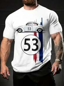1 pieza Camiseta vintage con gráfico de coche de carreras, camiseta casual de cuello redondo para hombre, tela de punto 100% poliéster con un poco de elasticidad, ajuste regular de manga corta para ropa de calle de verano