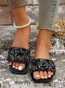 Pearl & Rhinestone Embellished Women's Open Toe Slip On Sandals, French & Korean Style, Plus Size 41-42-43, Lightweight Luxury, Suitable For Summer Beach Holiday