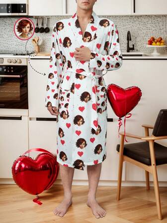 Customized Men's Belted Robe, Personalized With Photo Portrait, Novelty Gift, Funny Big Head/Face Replacement, Lightweight Breathable Quick-Dry Comfortable Fabric, Gift For Friends/Partner/Lover, Party/Birthday/Christmas, V-Neck Open Front Loose Fit Sleepwear For Spring/Summer, Fall & Winter