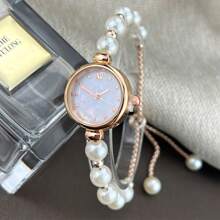 1 pieza Reloj pulsera de mujer con cadena de aleación, esfera redonda y correa ajustable de perlas, reloj de estudiante de moda