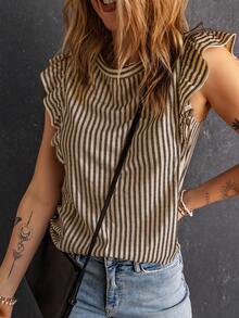 Summer Khaki Striped Casual Vacation Round Neck Ruffle Sleeve T-Shirt - Khaki - View 4