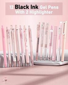 Four Candies 14Packs Pastel Gel Ink Pen Set, Cute Retractable 0.5mm Fine Point Pen, Note Taking Aesthetic Pens, 12 Packs Black Ink Pens With 2Pack Highlighter, Smooth Writing Pens For School, Office (Pink) Back To School
