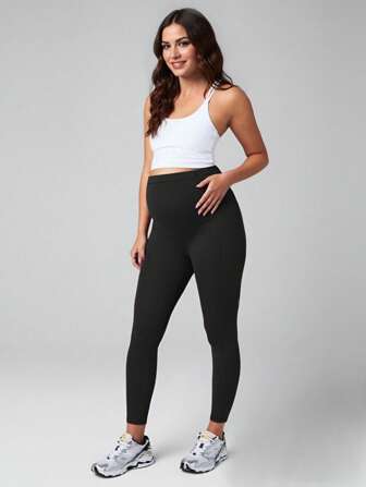 1pc Plus Size Maternity Yoga Pants, High Waist Adjustable Belly Band, Supportive Tummy Control, Soft & Comfy With Pockets, Casual Fitted Leggings