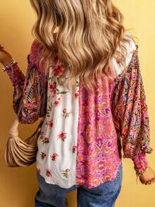 Multi-Color Floral Patchwork Ruffle Cuff Button-Up Shirt - Multicolor - View 4
