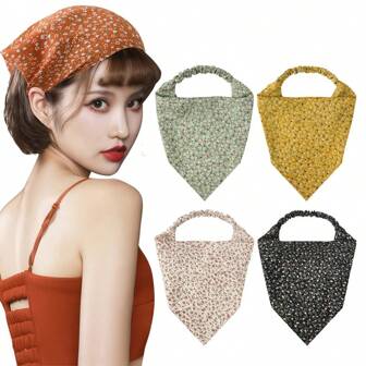 1pc Spring Floral Printed Satin Fabric Lightweight Headscarf, Elastic Band, Women Hair Accessory, Triangular Scarf Headband Turban Headband Sweatband