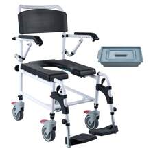 Shower Commode Wheelchair With 4 Lockable Wheels, Footrests, Flip-Up Arms, 3-Level Adjustable Height, 5L Removable Bucket, 350 LBS Capacity, Commode Chair For Adults Seniors