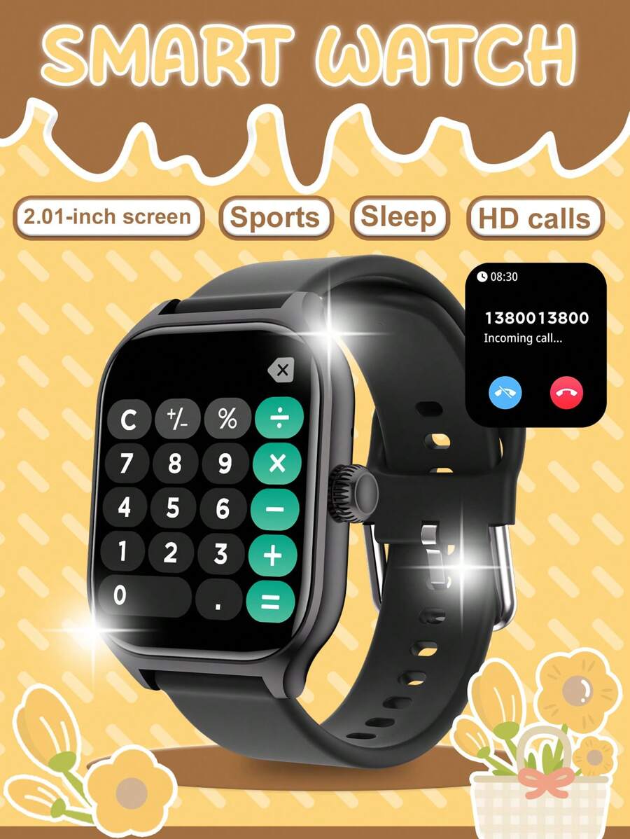 1 件青年硅胶表带智能手表，配备 2.01 英寸屏幕，可拨打电话和接收社交信息，兼容 iOS 和 Android，适合日常使用 - 黑色 - 查看 1