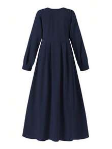 Plus Size Women Solid Color Lantern Sleeve Single Breasted Long Arabian Dress,Modest - Navy Blue - View 2