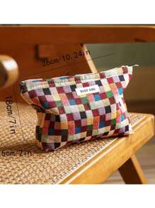 1 件旅行化妆包，女士格子印花化妆品收纳包，便携式盥洗包 - 彩色 - 查看 4