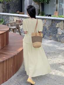 女式中长垂坠高腰半身裙，夏季 - 杏色 - 查看 8