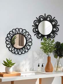 1/2pcs Charming Vintage Round Wall Decor Mirrors, Sunflower Shaped Wooden Framed Hanging Mirror For Living Room, Bedroom, Dining Room, Bathroom, Unique Decorative Mirror, Size 22.5cm/8.6inch, Special Birthday, Holiday, Graduation Gift