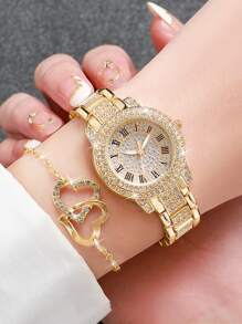 6 pièces/set Montre-bracelet à quartz analogique en acier inoxydable avec cristaux incrustés pour femmes + accessoires de bijoux en forme de cœur