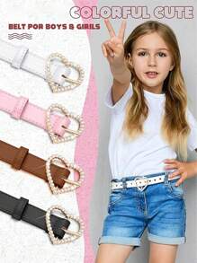 Kids' Leather Belt, Girls' Faux Crystal Heart Shape Metal Buckle Belt - one-size - View 3