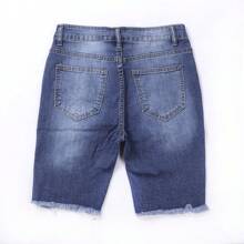 Womens High Waist Ripped Hole Washed Distressed Shorts Jeans Knee Length Ripped Stretchy Denim Shorts - Blue - View 8